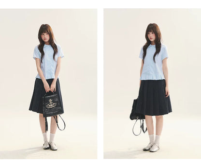 "Citrus Sea Salt" Stripe Lace Peter Pan Collar Pleated Shirt (White Blue / Blue White)