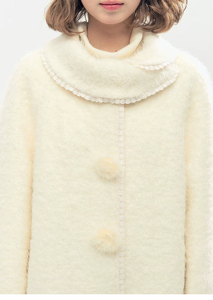 "Snow-Kissed Sakura" Ivory Wool-Blend Quilted Mid-Length Coat with Detachable Plush Flowers