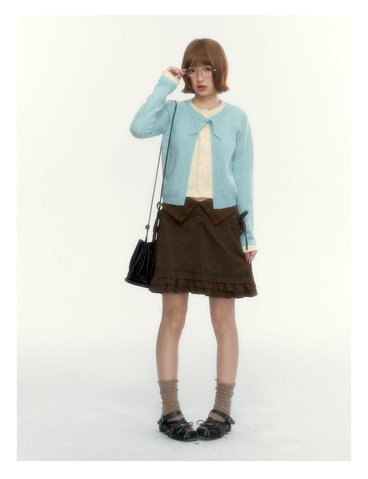 Korean Contrast Bow-Tie Layered Knit Cardigan (Blue / Purple)