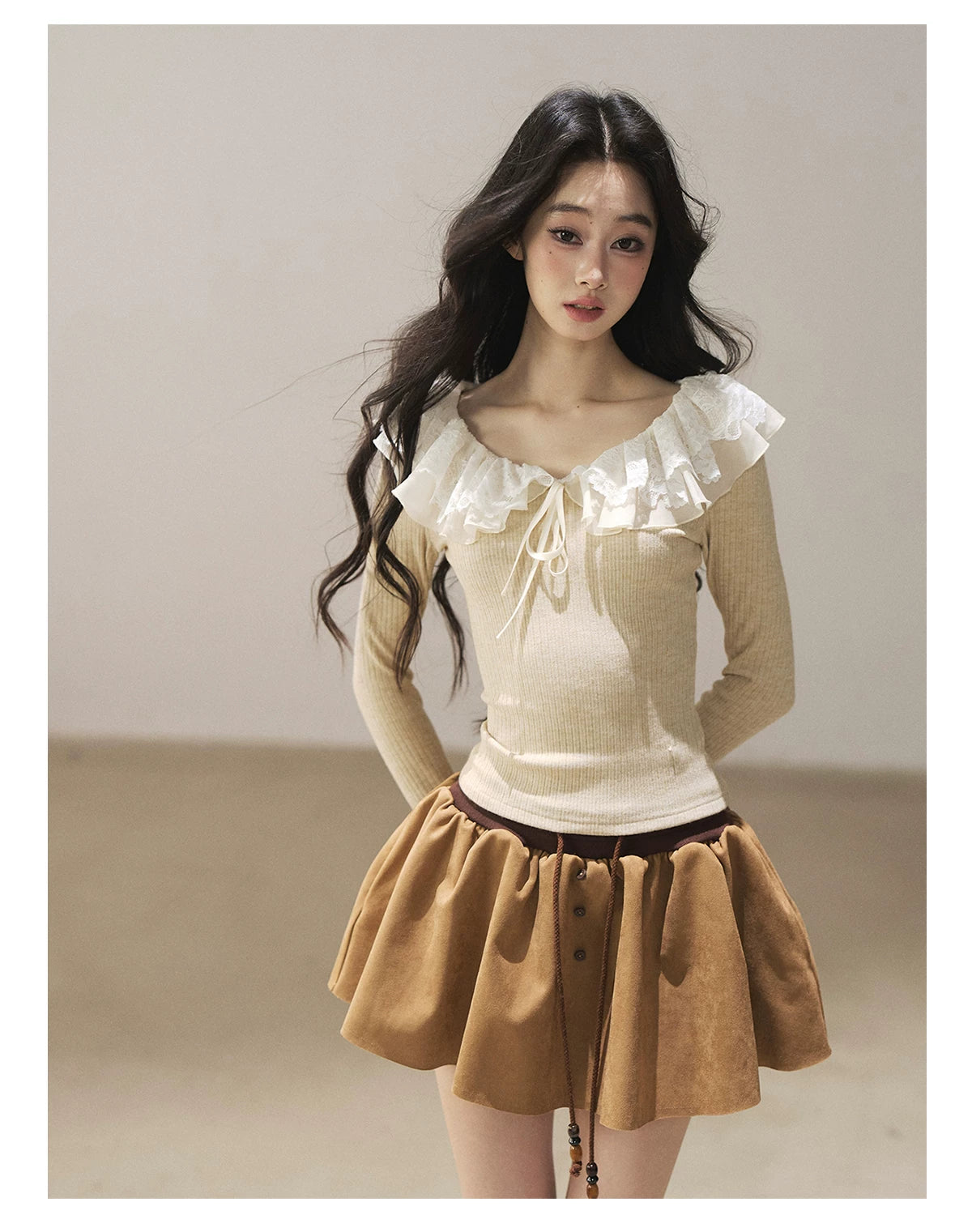 AOMALM - Oatmeal Ruffle Lace Knit Cropped Top