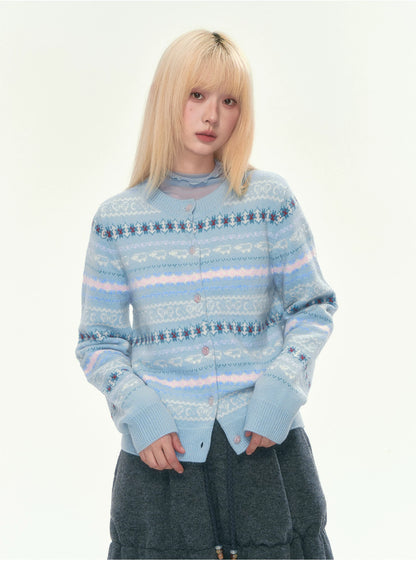 [CAN] Blue Fair Isle Cropped Wool Cardigan (100% Sheep Wool)