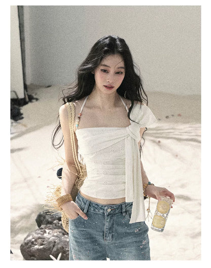 "Fragments of Tenderness" Frost White Halter Twist Crop Top