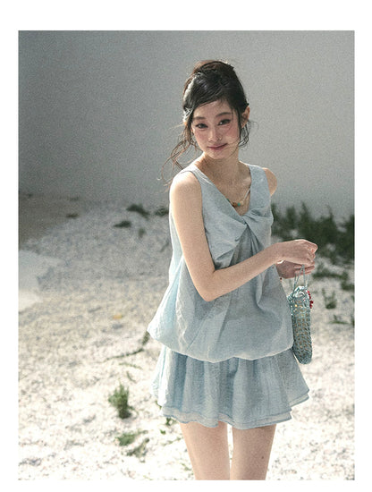 “Whispering Grass” Moonlight Blue Twist Mini Dress
