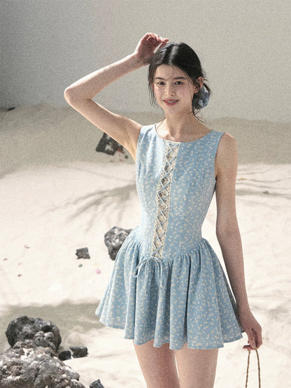 "Sage Summer" Haze Blue Lace Floral Puff Mini Dress