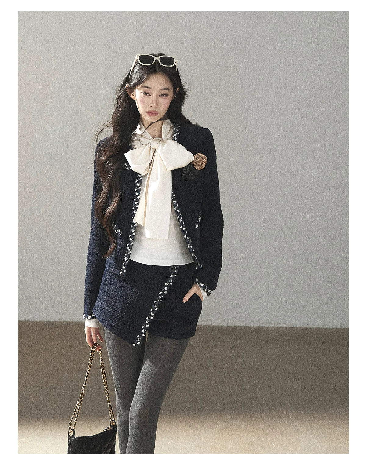 AOMALM - Navy Tweed Jacket & Skort Set with Dutch Cheese Top
