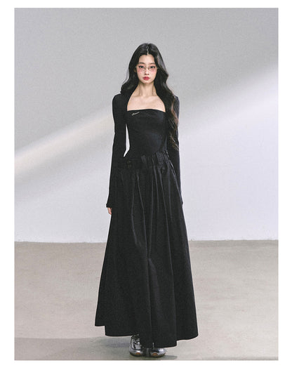 少也眼 "K-Show Muse" Elegant French Hepburn Long-Sleeve Dress - Black 47867864