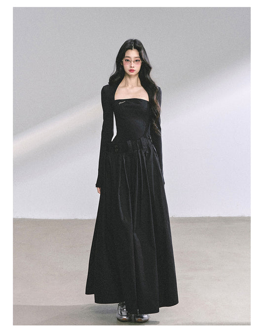 少也眼 "K-Show Muse" Elegant French Hepburn Long-Sleeve Dress - Black 47867864