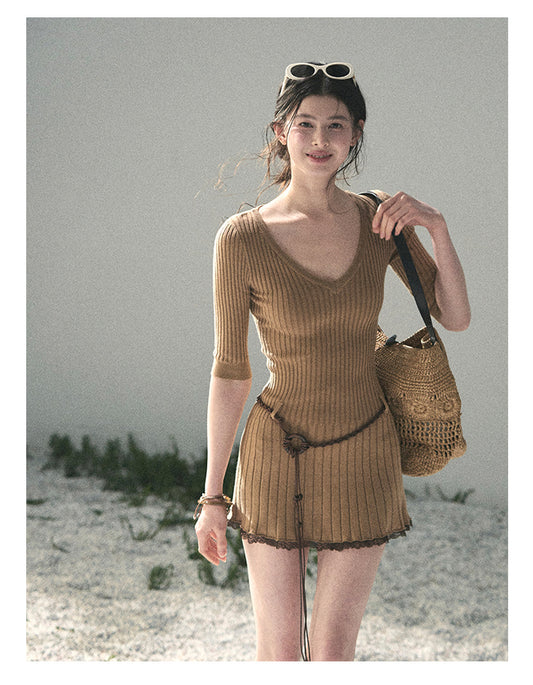 “Amber Memoir” Milk Tea Knit Mini Dress
