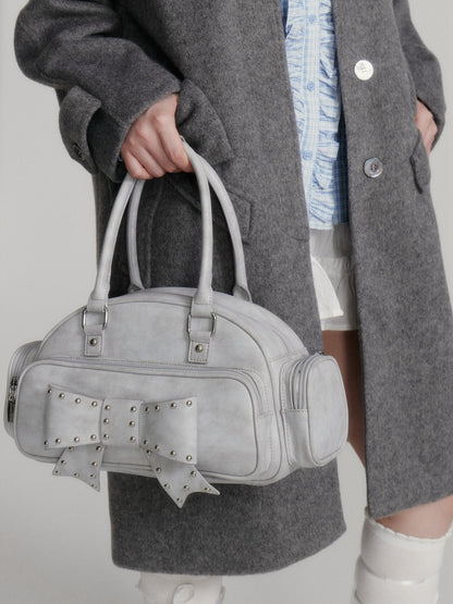 “Winter Cedar Lace Bow” Wool-Blend Loose-Shoulder Coat - Gray M6665