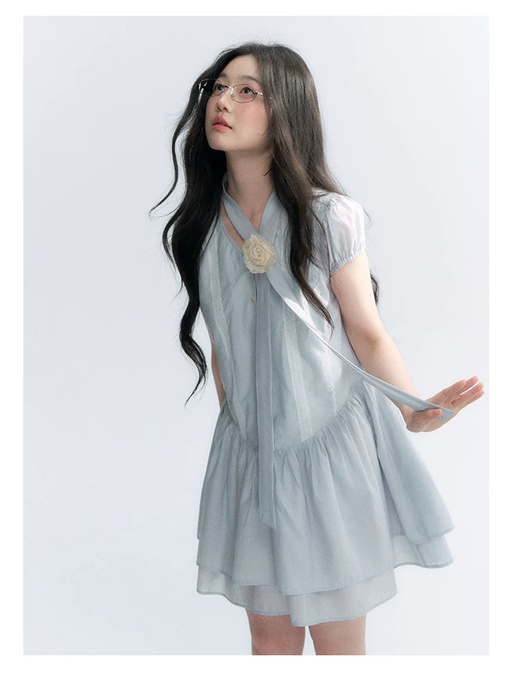 "Cedar Salt" Cool Moon Blue Lace Trim Puff Sleeve Dress