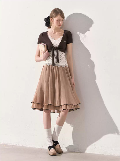 "Summer Café Encounter" Chocolate Knit Cardigan, Floral Lace Cami & Mocha Chiffon Skirt Set