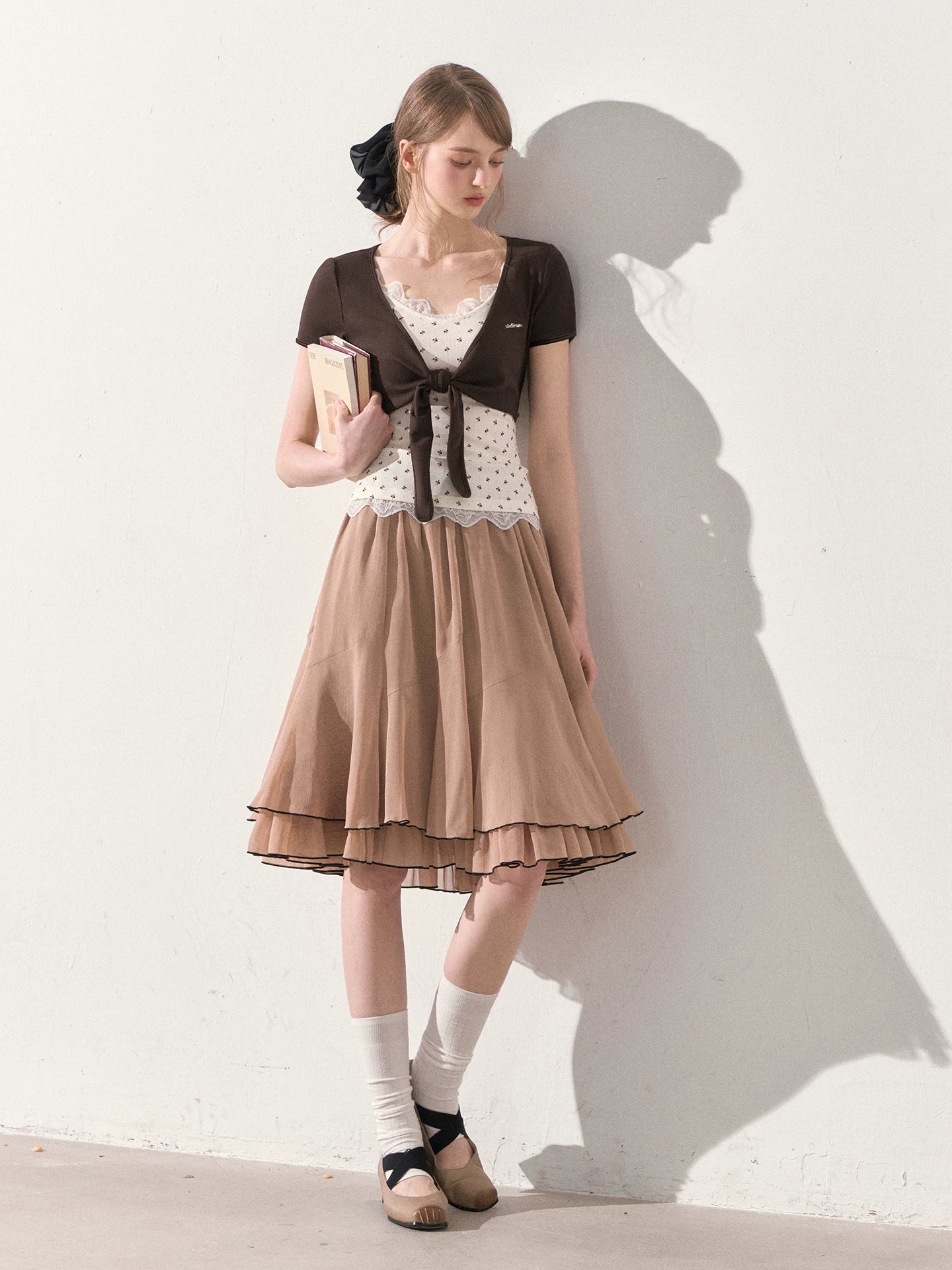 "Summer Café Encounter" Chocolate Knit Cardigan, Floral Lace Cami & Mocha Chiffon Skirt Set
