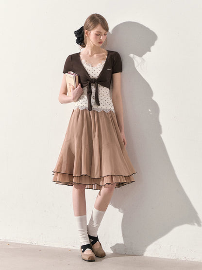 "Summer Café Encounter" Chocolate Knit Cardigan, Floral Lace Cami & Mocha Chiffon Skirt Set