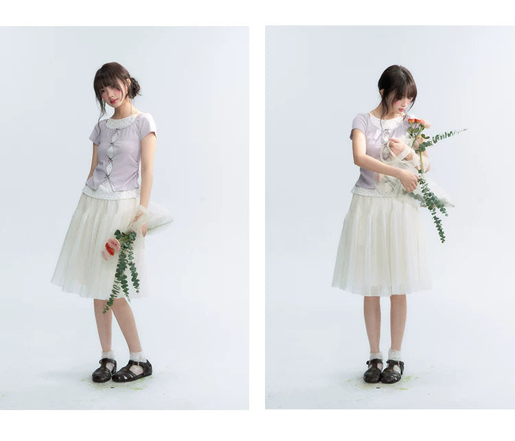 Korean Layered Bow Knit Short Sleeve T-Shirt in Violet