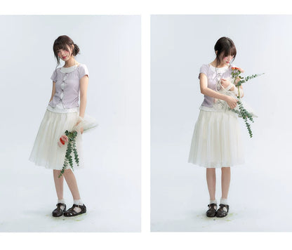 Korean Layered Bow Knit Short Sleeve T-Shirt in Violet