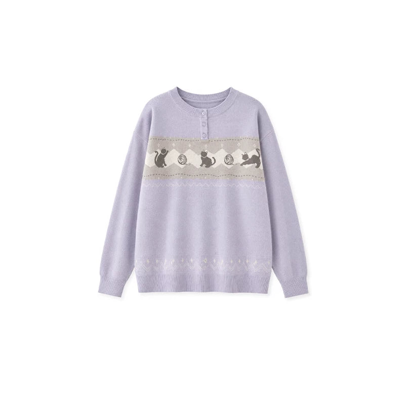 DAILY ARTIST - Taro Purple Cat & Yarn Ball Henley Knit Pullover (With Matching Scarf)