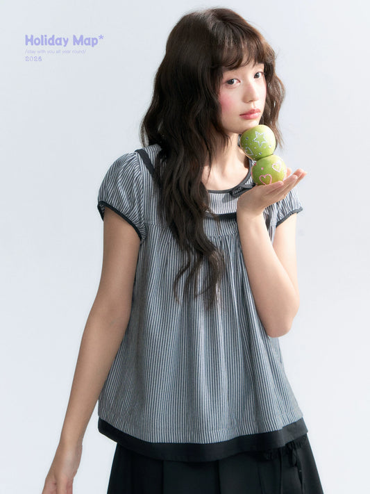 "Black Toast" Black Stripe Asymmetrical Collar Babydoll Blouse