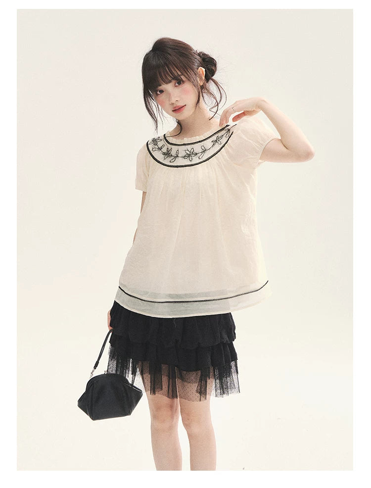 "Toasted Cookie" Yellow Flower Rope Embroidery Babydoll Top