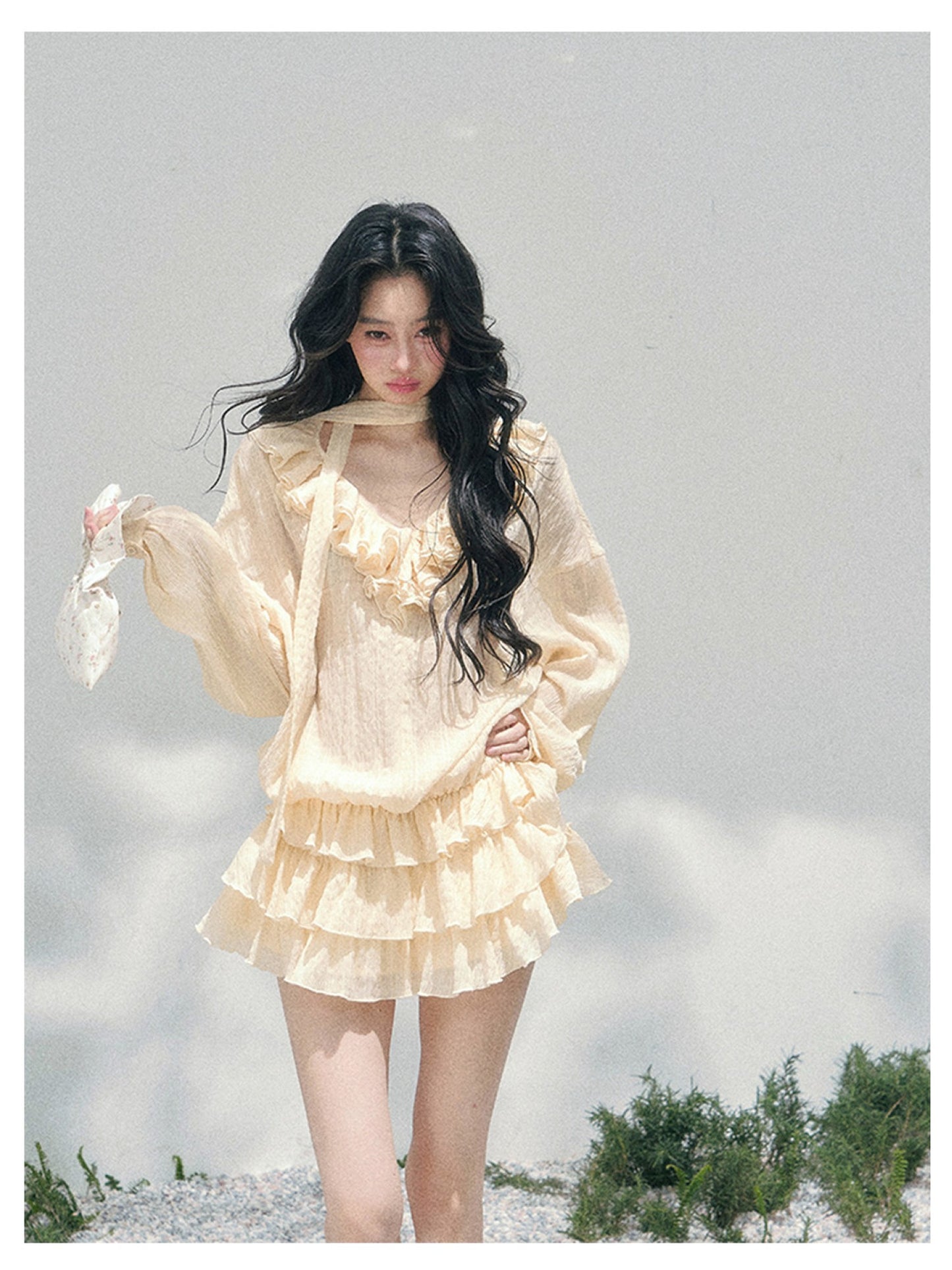 少也眼 “Evening Breeze Skirt” Milkshake Yellow Tiered Chiffon Mini Dress with Scarf Tie & Shorts 534583