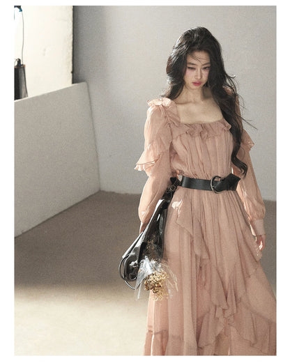 AOMALM - "Waiting for Sunset" Soft Pink French Ruffle Maxi Dress with Belt