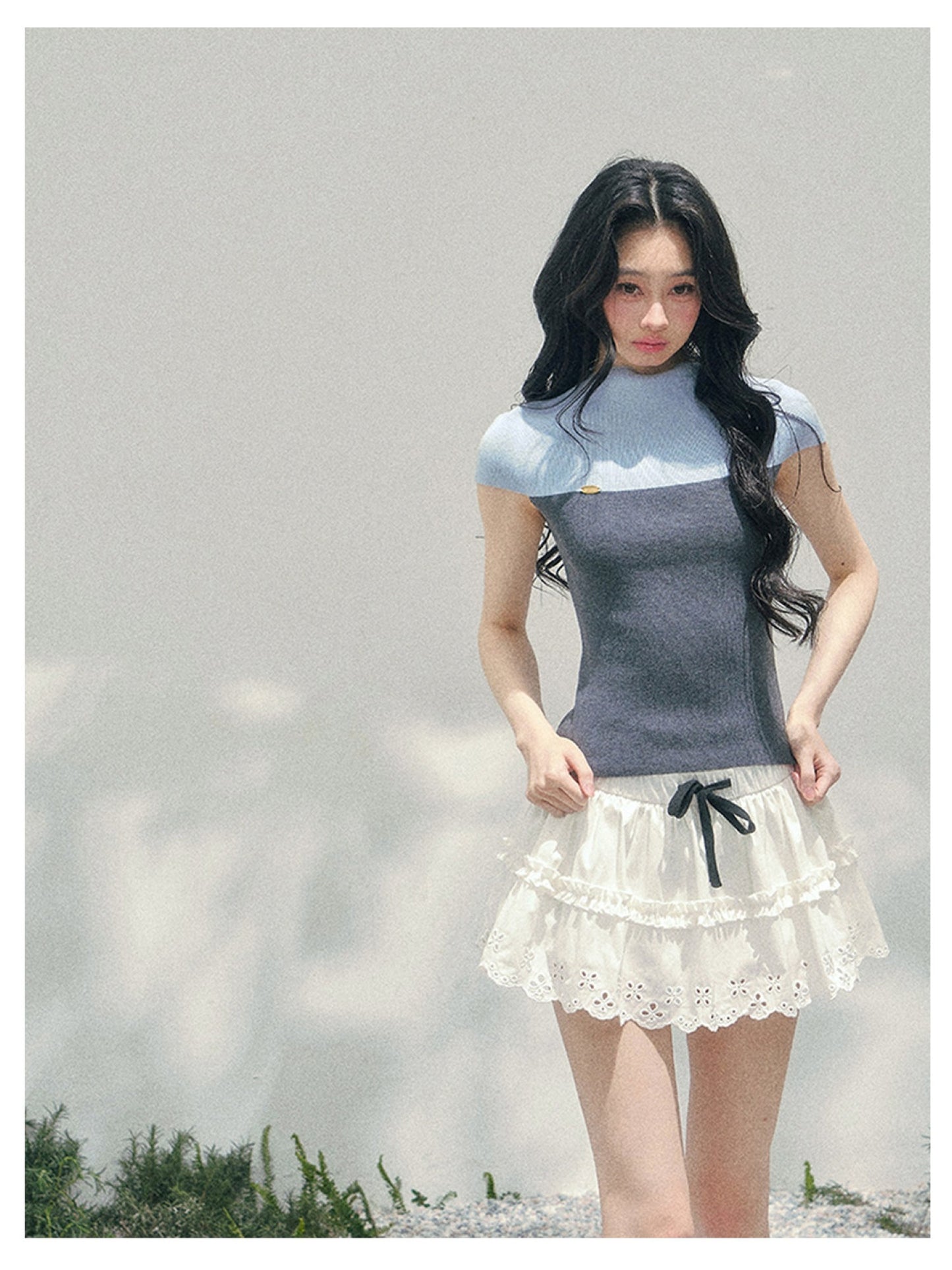 少也眼 “Embers of the Mind” Deep Rock Gray Faux Two-Piece Knit Top 137