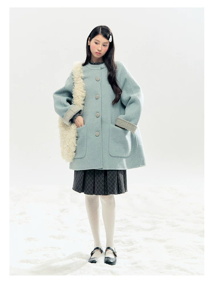 "Double Winter Embrace" Blue & Gray Reversible Wool-Blend Cape Coat