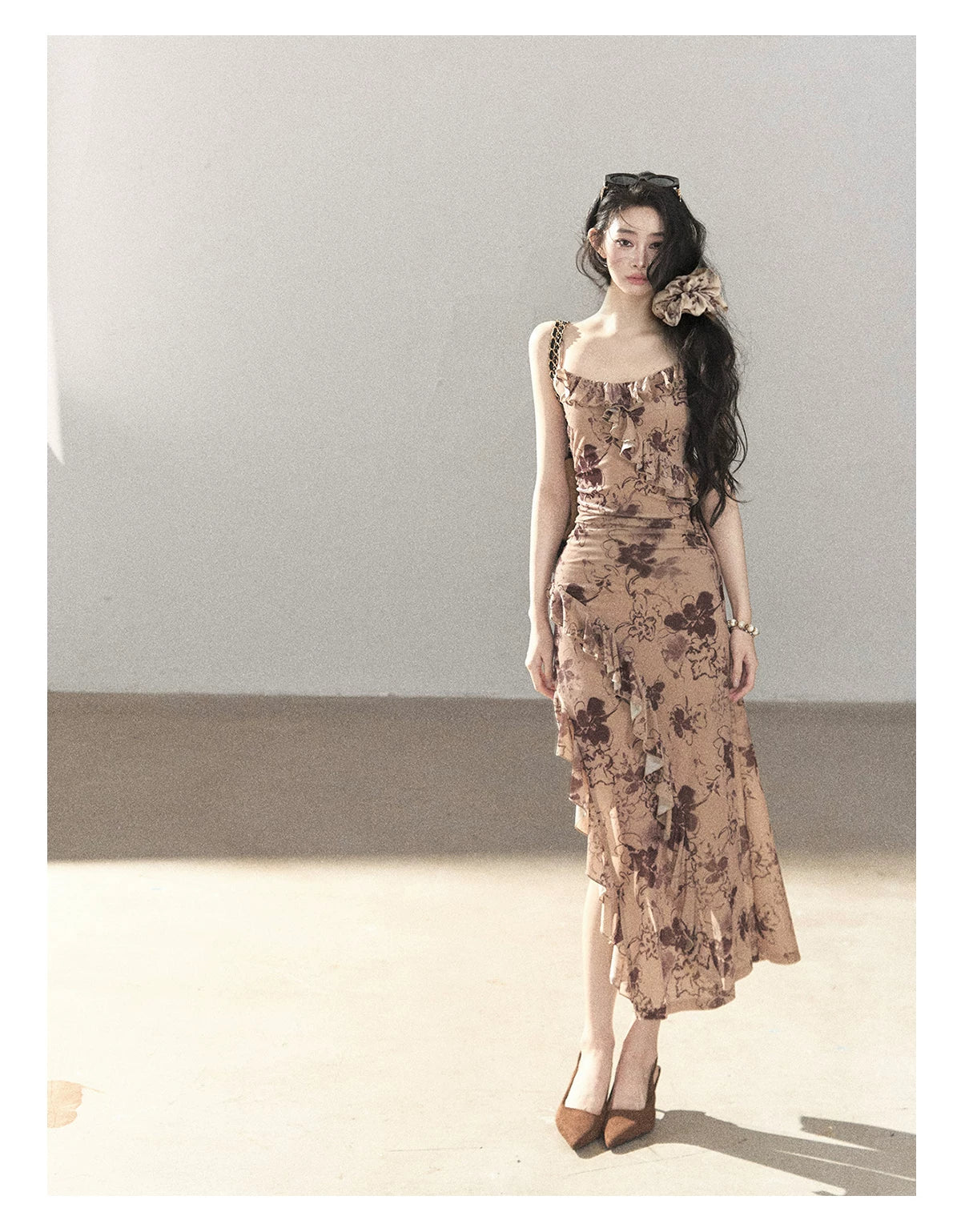 AOMALM - "Wildflower Date" Milk Tea Brown Ruffle Floral Maxi Dress (With Matching Hair Tie)