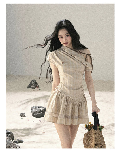 "Traces Left by the Wind" Sand Beige Off-Shoulder Plaid Puff Mini Dress