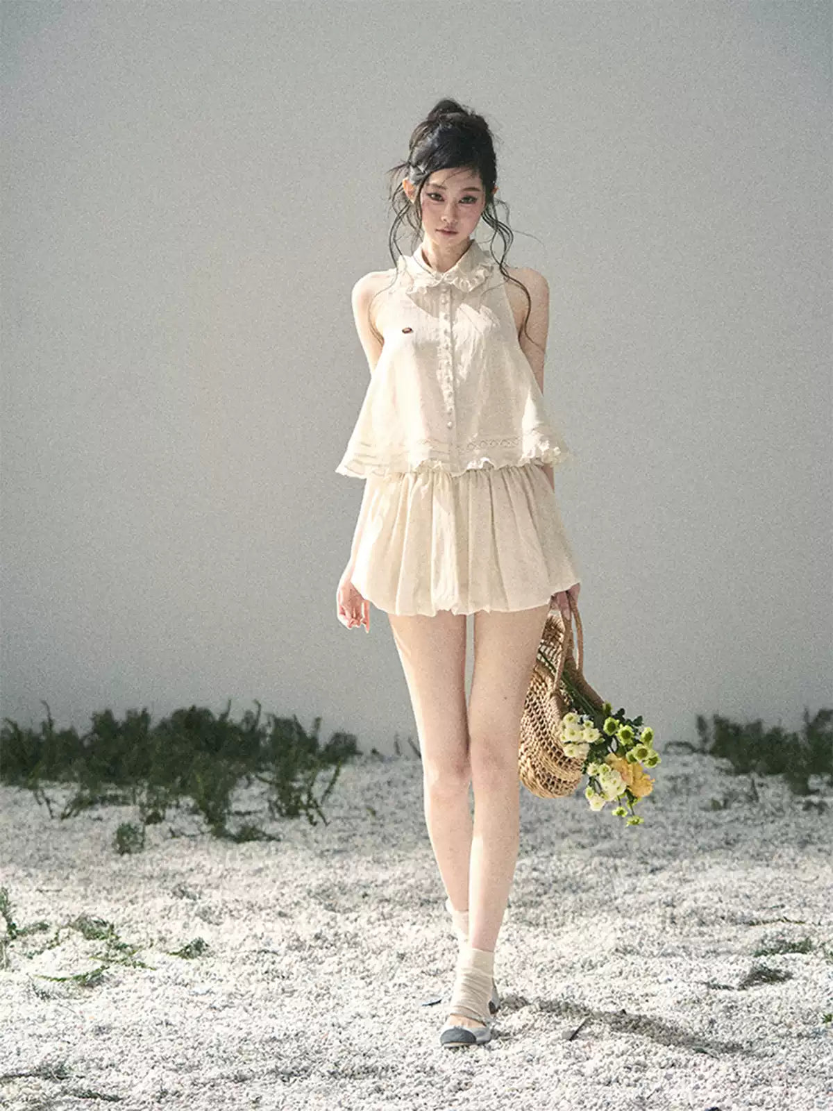 "Soft Cloud Reverie" Dutch Cream Lace Top & Bubble Skirt & Wide-Leg Pants Set 5468465