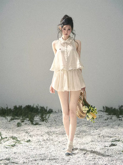 "Soft Cloud Reverie" Dutch Cream Lace Top & Bubble Skirt & Wide-Leg Pants Set 5468465