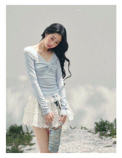 少也眼 "Heartbeat Pause" Baby Blue Back Lace Cut-Out Top 53685634
