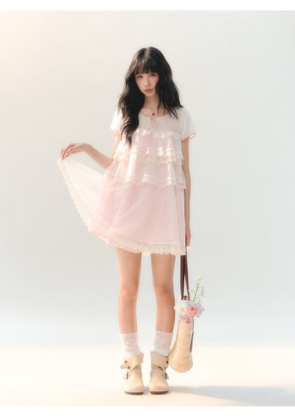 [CAN] "Peach Mist Sorbet" Pink Lace Chiffon Dress Set