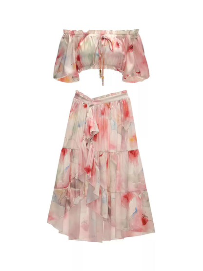 "Watercolor Fruit Mood" Off-Shoulder Top & Ruffle Skirt Set WE945