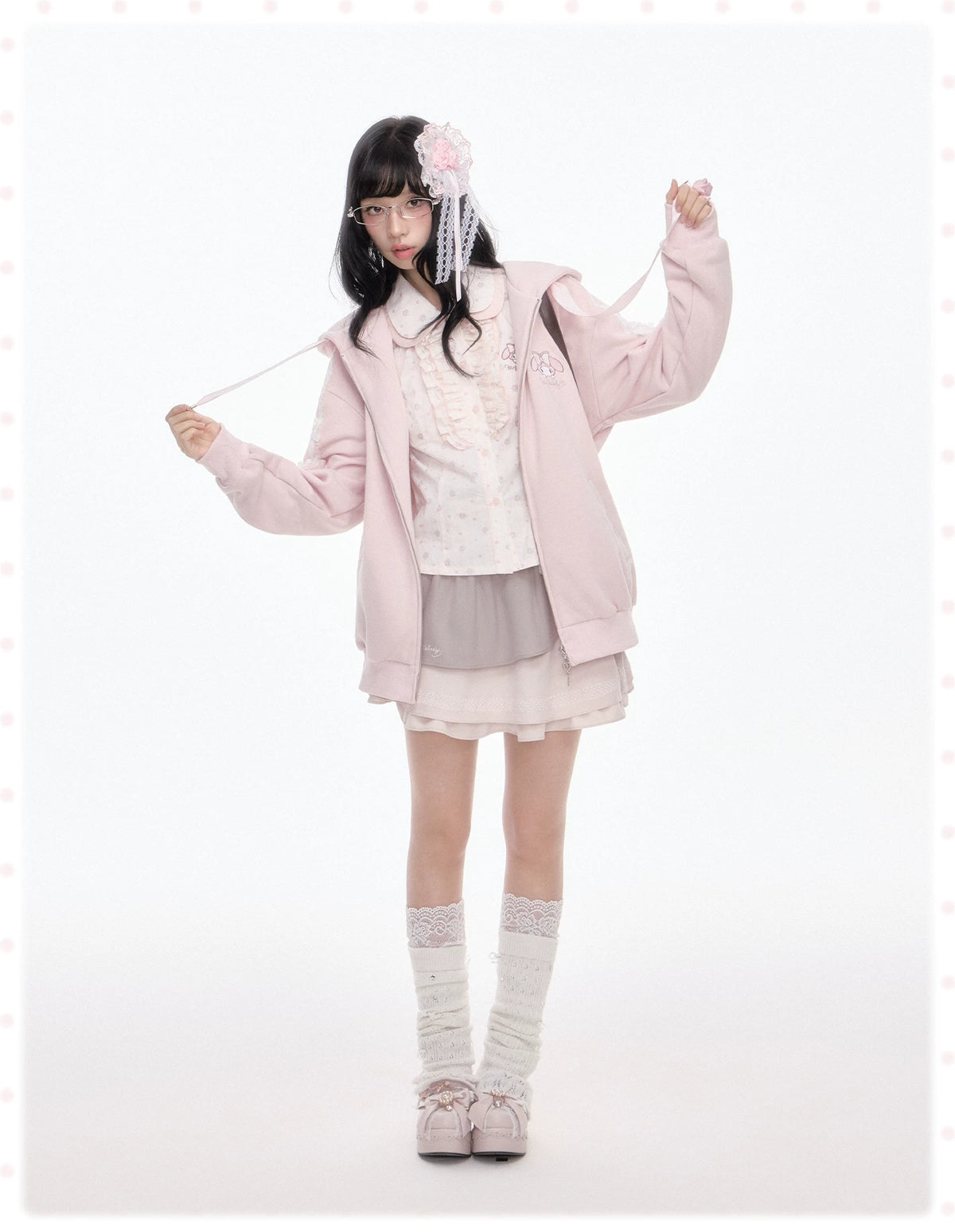 KYOUKO - Pink Embroidered Hooded Zip-Up Jacket