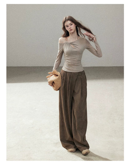 AOMALM - "A Touch of Autumn" Loose Relaxed Balloon Wide-Leg Pants With Belt (Dusty Taupe Brown / Quiet Black)