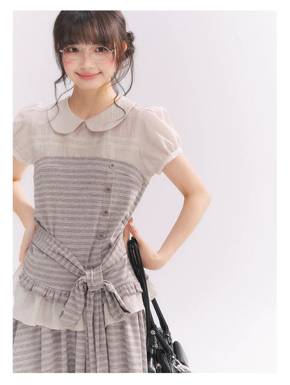 “Old Keepsake Letters” Frost Gray Doll Collar Lace Two-Piece Set