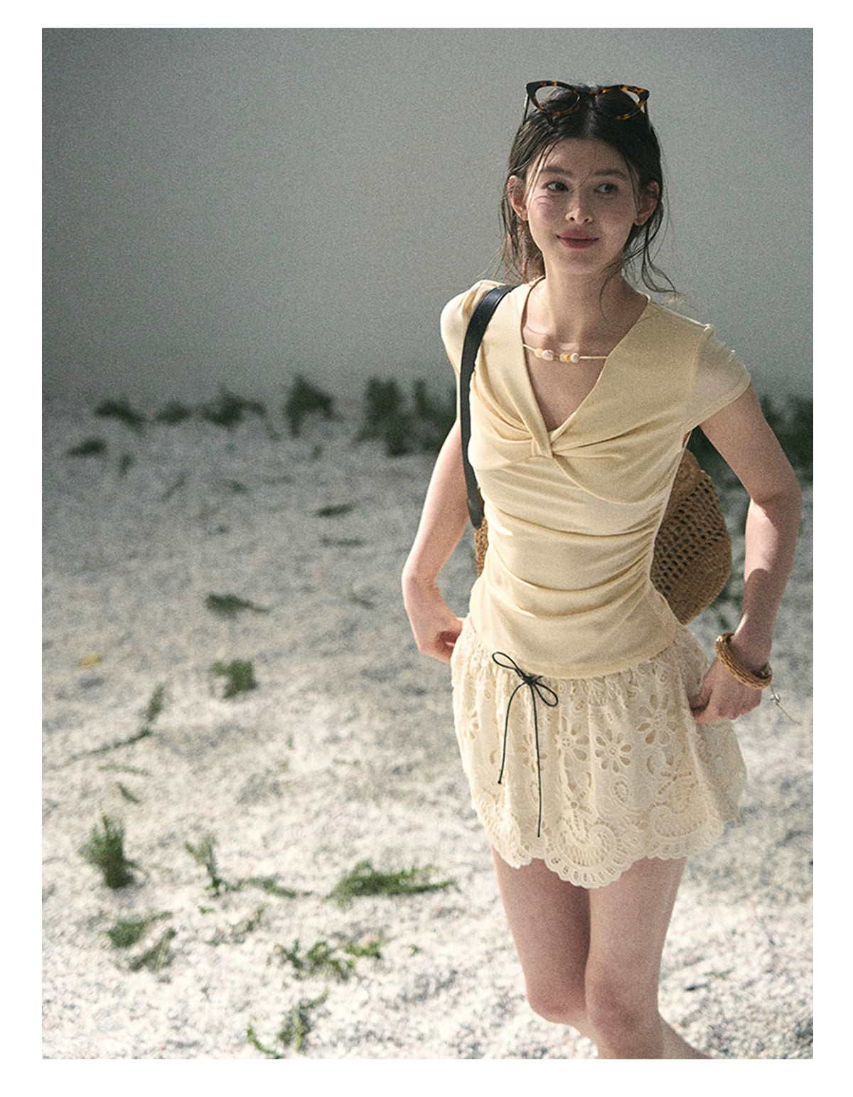 “Sheer Spring Whisper” Milkshake Yellow Twist V-Neck Top