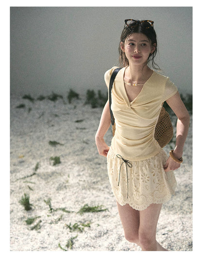 “Sheer Spring Whisper” Milkshake Yellow Twist V-Neck Top