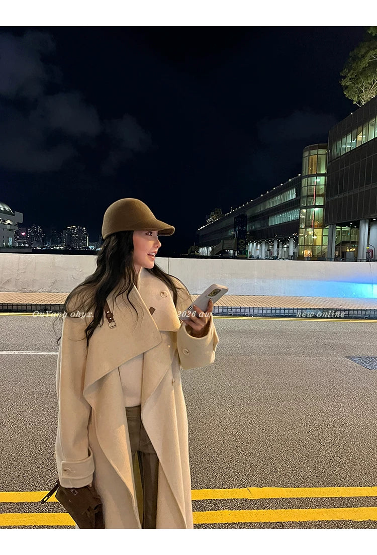 QuQuOuYang - 100% Wool Double-Face Belted Coat with Convertible Collar