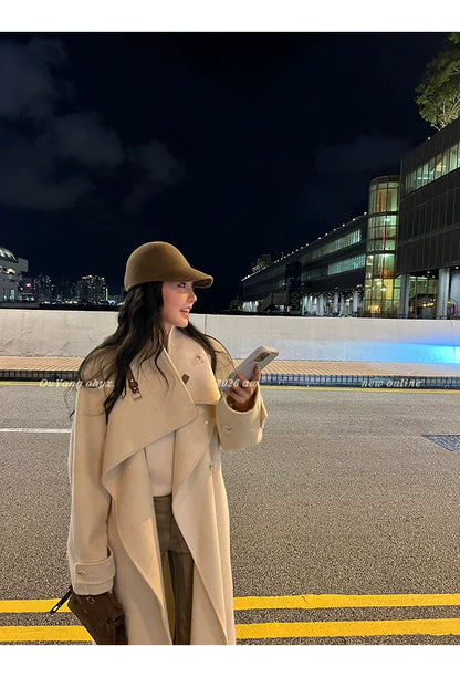QuQuOuYang - 100% Wool Double-Face Belted Coat with Convertible Collar