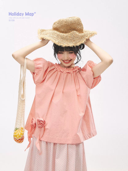 "Pink Grapefruit Bloom" Grapefruit Red Rose Puff Sleeve Blouse