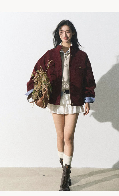 OAKMOO/ "Plum Blossom Mood" Angora Red Wool-Blend Harrington Jacket