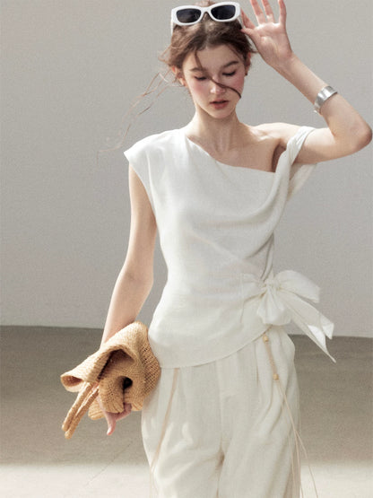 "Her Moonlight" Camellia White Off-Shoulder Top & Wide-Leg Pants Set