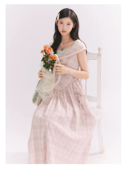 “Heartfelt Rendezvous” Pink Plaid Maxi Dress