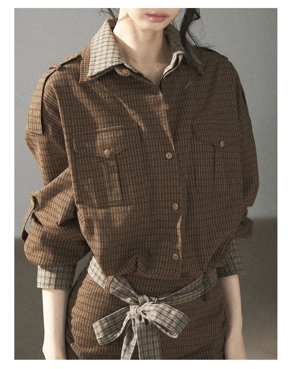 AOMALM - "A Promise Beneath the Oak" Crabapple Brown Plaid Shirt Dress with Belt