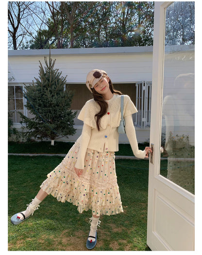 “Starlight Tulle Reverie” Apricot Polka Dot Mesh Skirt