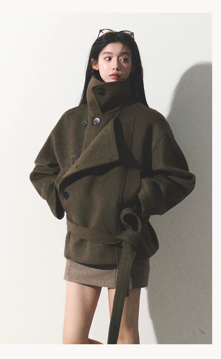 OAKMOO/ "The Flowers Are in Full Bloom" Jade Green Wool-Blend Short Belted Coat