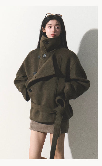 OAKMOO/ "The Flowers Are in Full Bloom" Jade Green Wool-Blend Short Belted Coat