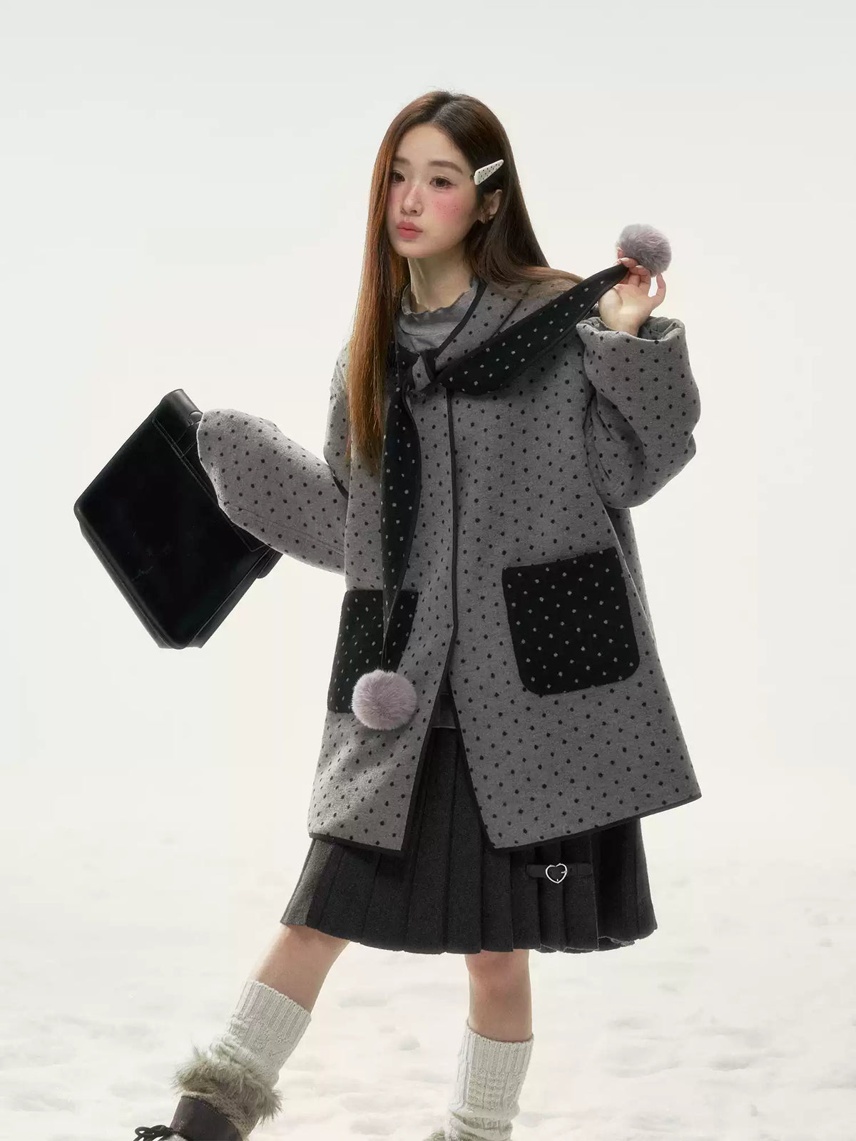 BIBIBENCY - Gray & Black Reversible Polka Dot Wool-Look Coat