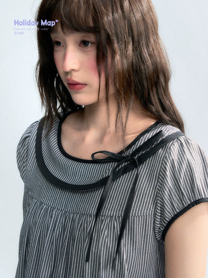 "Black Toast" Black Stripe Asymmetrical Collar Babydoll Blouse